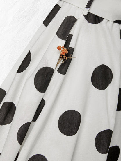 Robe midi en coton, manches mi-longues, col châle, à pois, boutonnée, style vintage français, blanche