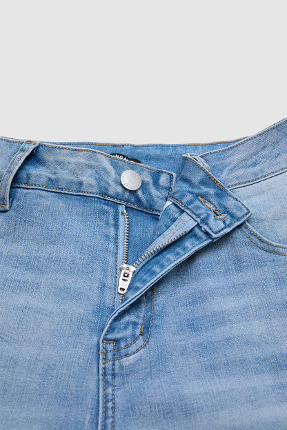 Floral Embroidery Scallop Trim Mid Rise Denim Bermuda Shorts