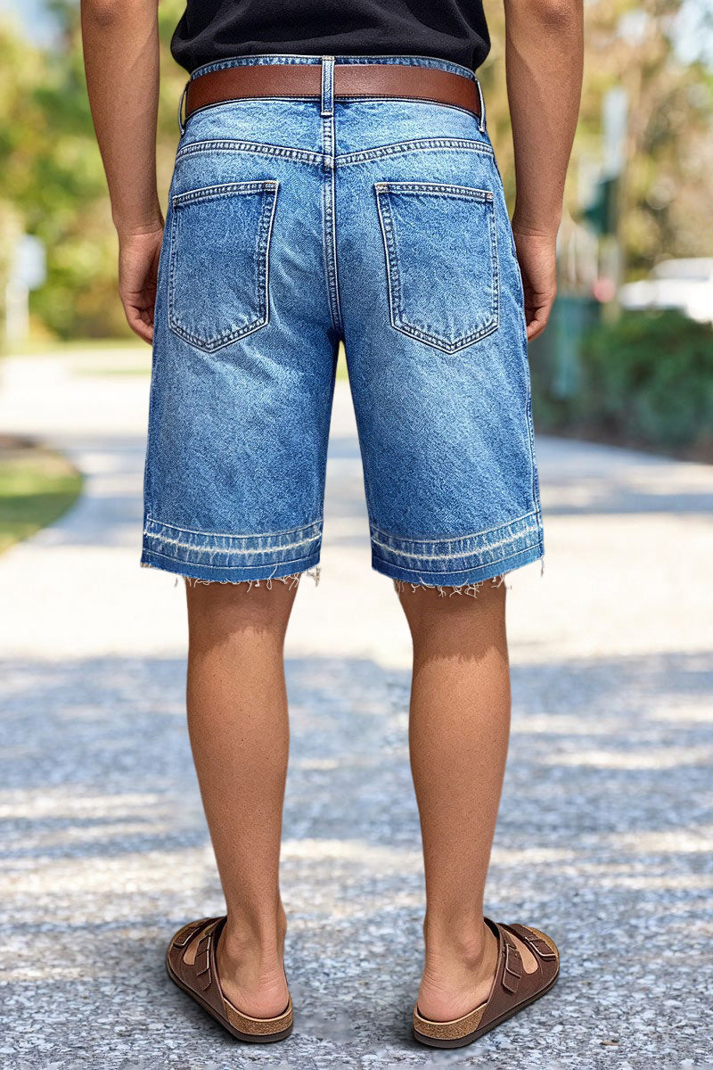 Raw Hem Mid Waist Denim Bermuda Shorts Without Belt