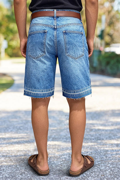 Raw Hem Mid Waist Denim Bermuda Shorts Without Belt