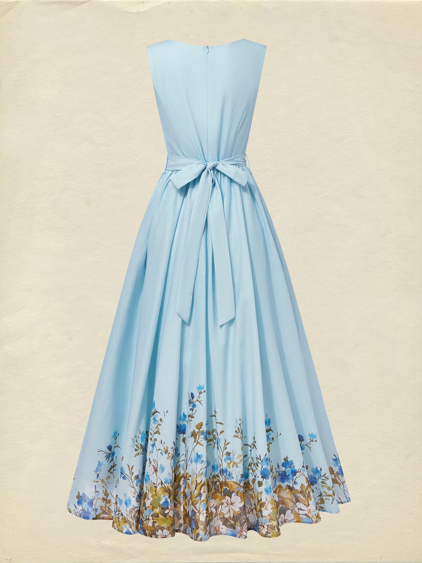 Robe longue en lin, sans manches, col rond, motif floral, boutonnée, style vintage français, bleu ciel