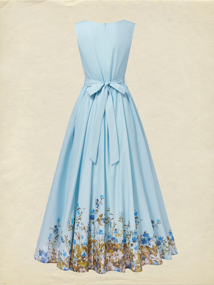 Robe longue en lin, sans manches, col rond, motif floral, boutonnée, style vintage français, bleu ciel