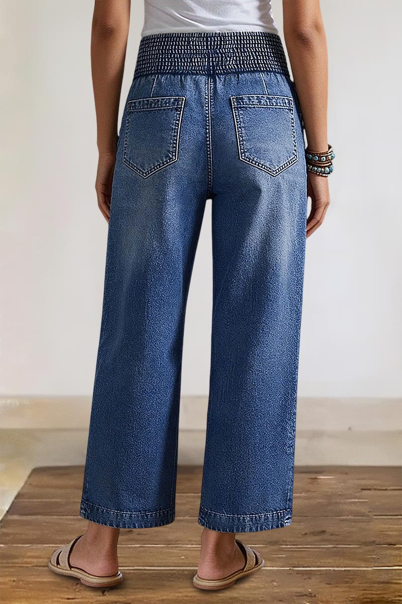 Wash Elastic High Waist Straight Leg Crop Jeans