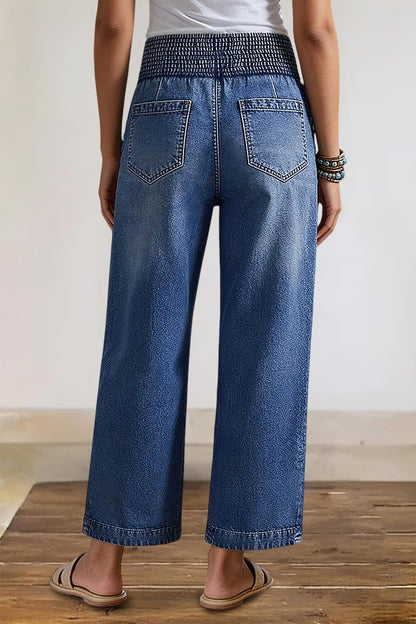 Wash Elastic High Waist Straight Leg Crop Jeans