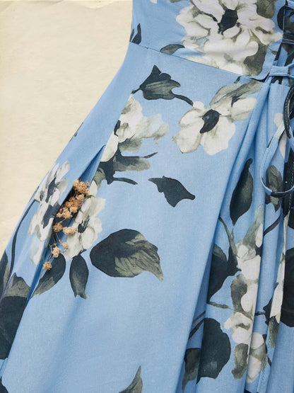 Robe longue en lin, Manches mi-longues, Col à revers, Florale, Vacances, Vintage, Bleue