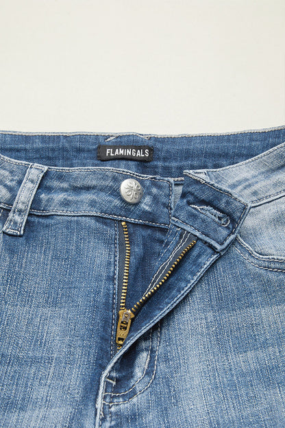 Embroidered Pocket Buttoned Hem Mid Waist Bootcut Jeans Without Belt