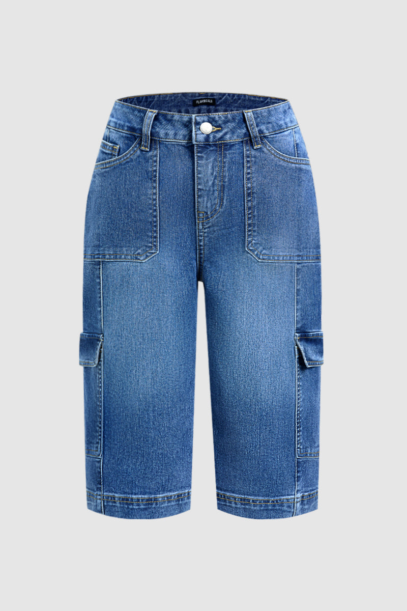 Wash Flap Pocket High Waist Straight Leg Capri Jeans Without Belt