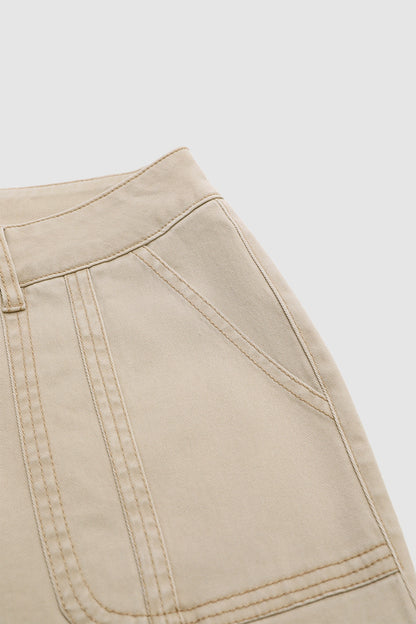 Solid Patch Pocket Mid Rise Straight Leg Crop Pants