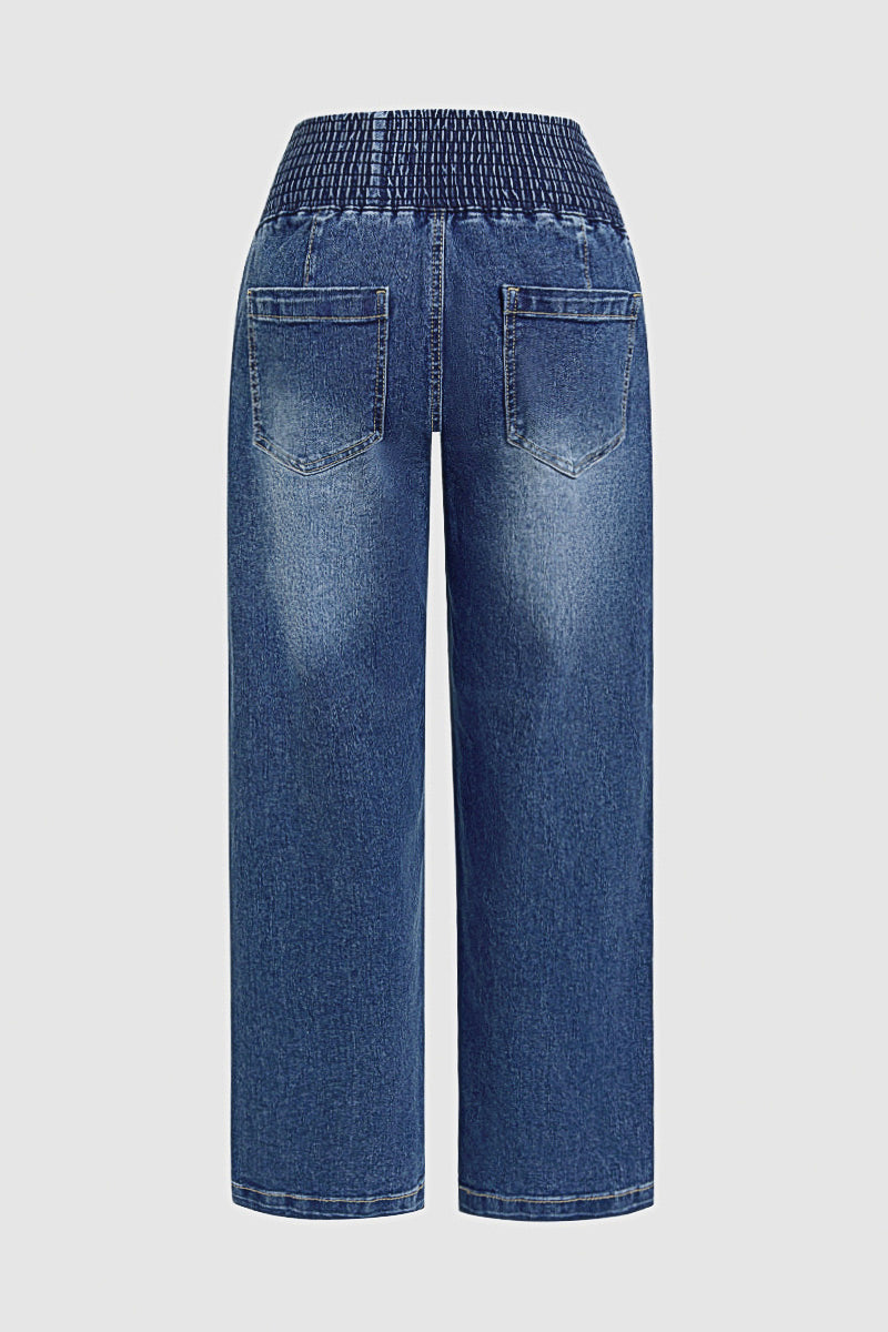 Wash Elastic High Waist Straight Leg Crop Jeans
