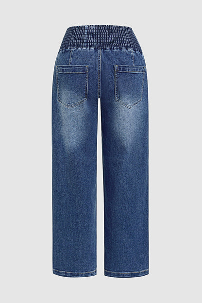 Wash Elastic High Waist Straight Leg Crop Jeans