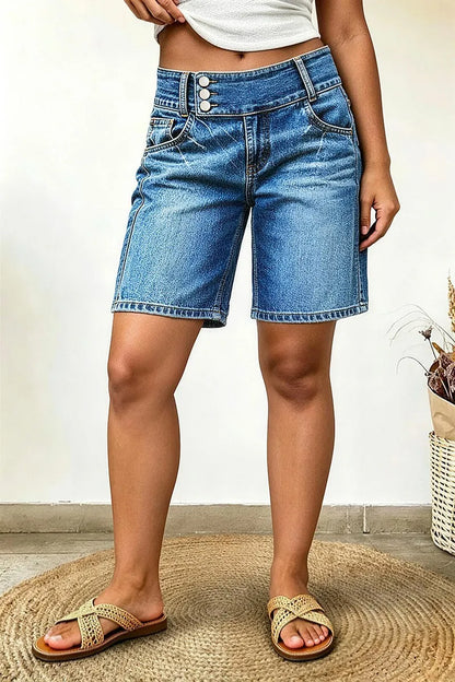 Asymmetrical Button Fly Mid Waist Denim Mid Thigh Shorts