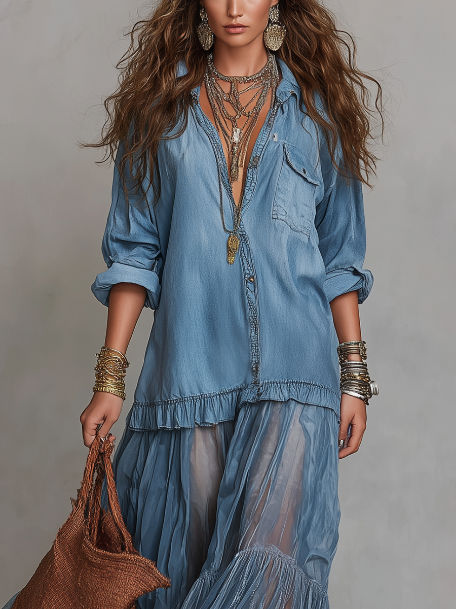 Robe en organza patchwork de denim bleu bohème