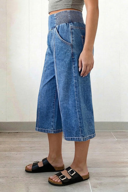 Stitch Detail Shirred High Waist Wide Leg Capri Jeans