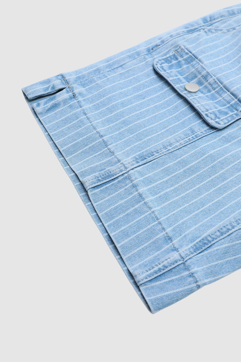 Pinstriped Split Flap Decor Mid Waist Denim Mid Thigh Shorts Without Belt
