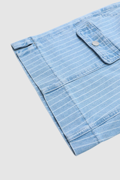 Pinstriped Split Flap Decor Mid Waist Denim Mid Thigh Shorts Without Belt