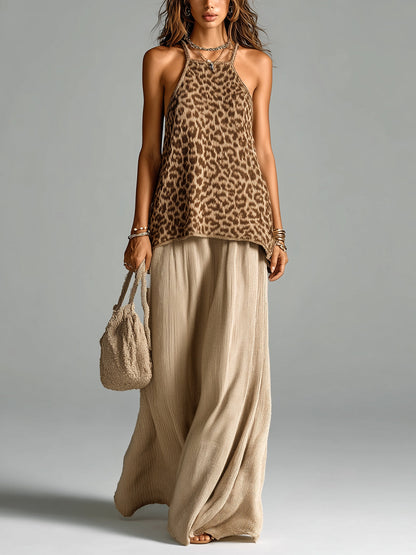 Chic Elegant Brown Leopard Jacquard Halter Sleeveless Loose-Fit Camisole A-Line Maxi Skirt Knit Two-Piece Set