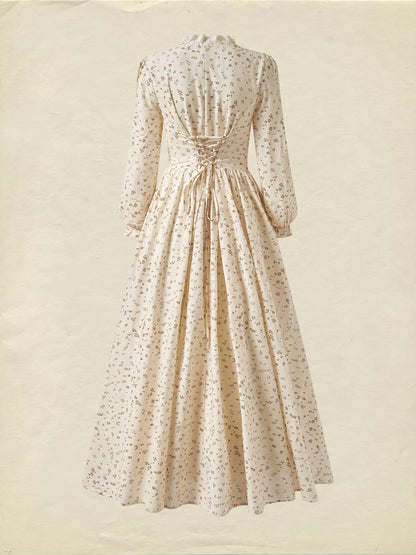 Robe longue en lin, manches longues, col en V, boutonnée, motif floral, couleur abricot
