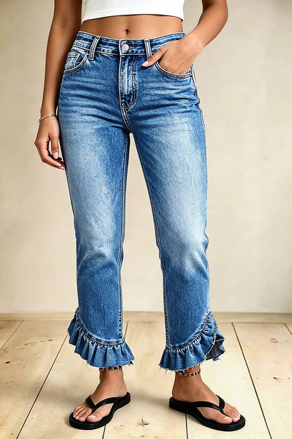 Split Ruffle Hem Flap Pocket Mid Waist Straight Leg Cropped Jeans