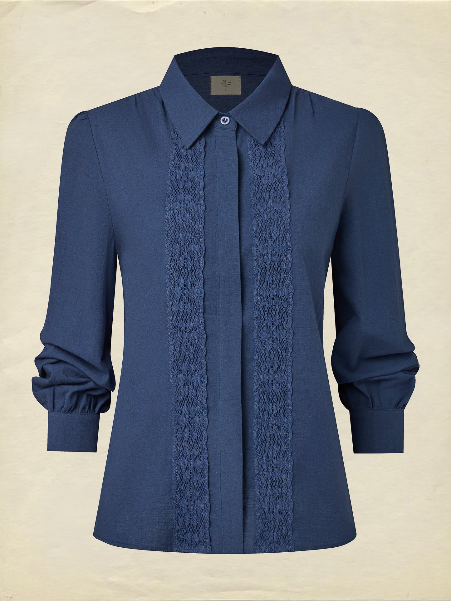 Chemise en lin, manches longues, col châle, unie, dentelle, vintage, bleue
