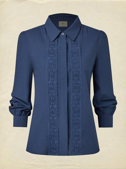 Chemise en lin, manches longues, col châle, unie, dentelle, vintage, bleue