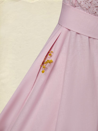 Robe Midi en Coton, sans Manches, Unie, Dentelle, Style Vintage Français, Rose