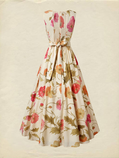 Robe longue en coton, sans manches, col en V, motif floral, ceinture, vacances, vintage, couleur abricot