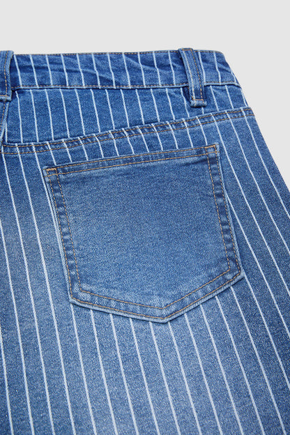 Striped Patch Pocket Mid Rise Wide Leg Crop Jeans Without Belt