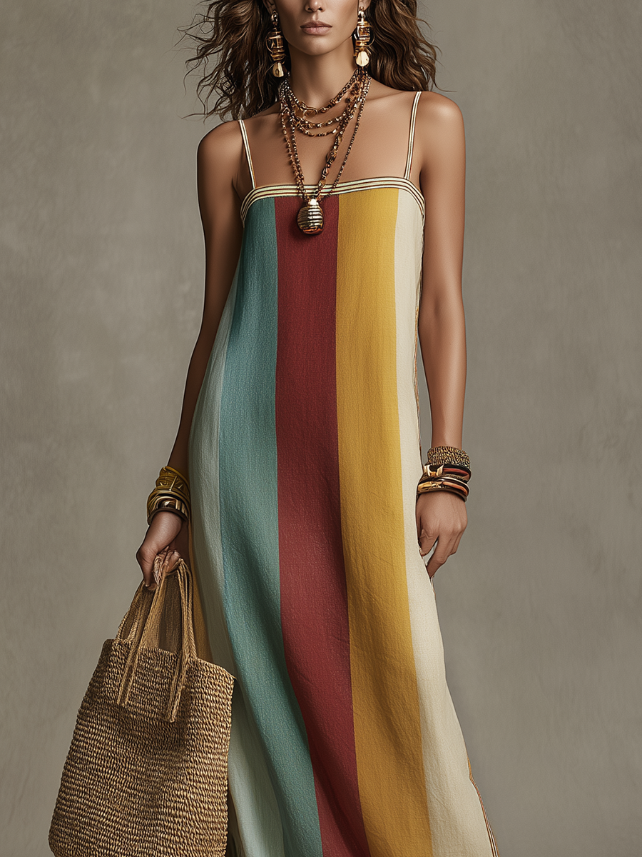 Robe longue bohème à rayures et blocs de couleur, à fines bretelles