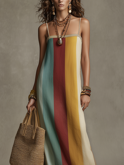 Robe longue bohème à rayures et blocs de couleur, à fines bretelles
