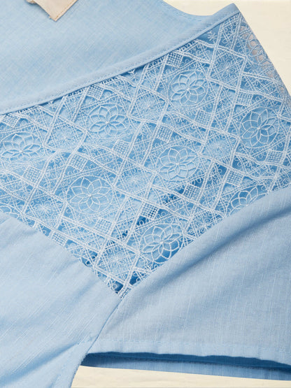 Robe midi en lin, manches courtes, col en V, unie, dentelle, style vintage français, bleue