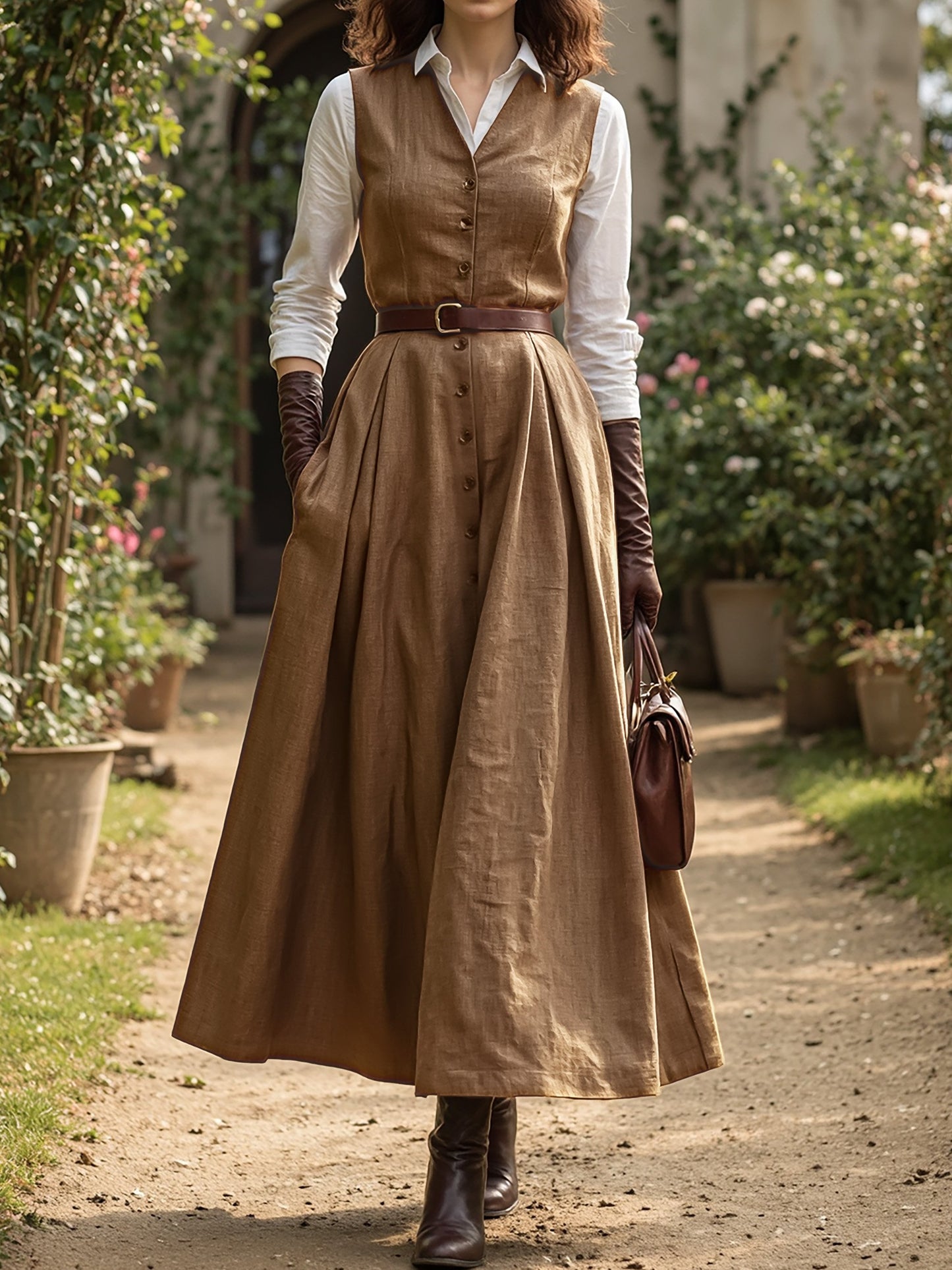 Ensemble Robe Longue Lin & Chemise, Manches Longues, Col Châle, Uni, Boutonné, Vintage Français, Marron Clair