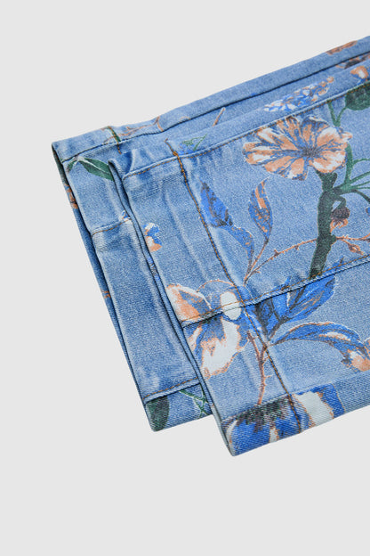 Wash Floral Print Flap Pocket Mid Rise Barrel Leg Crop Jeans