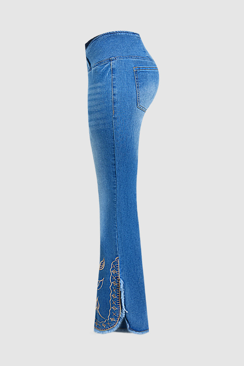 Plant Embroidery Raw Hem Asymmetrical Split Mid Waist Flare Jeans