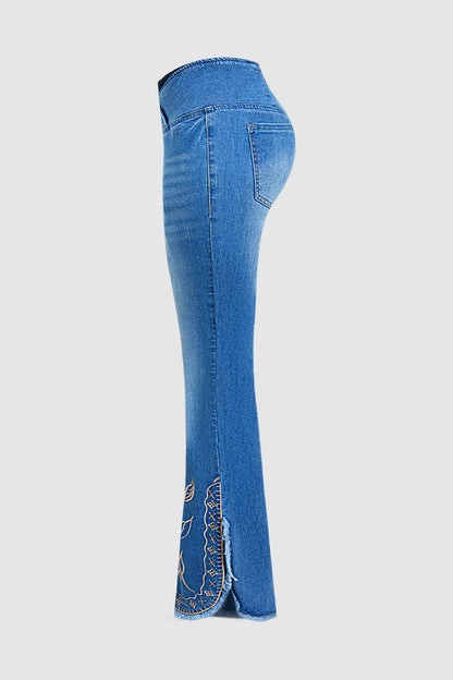 Plant Embroidery Raw Hem Asymmetrical Split Mid Waist Flare Jeans