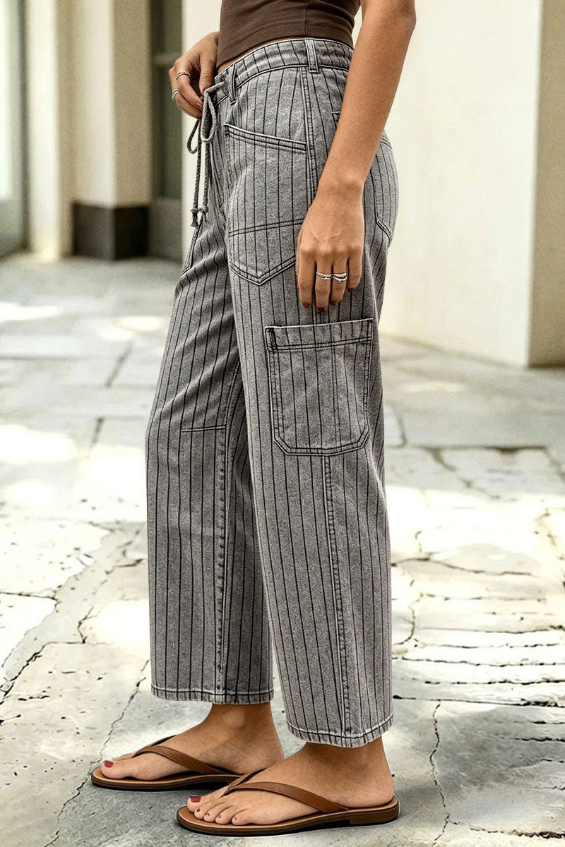 Pinstriped Drawstring Side Pocket High Waist Straight Leg Cropped Pants