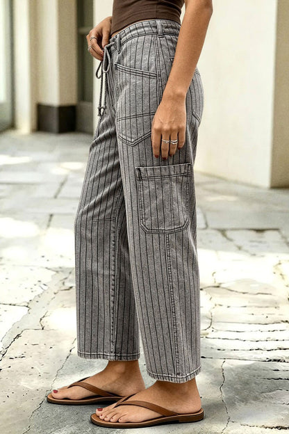 Pinstriped Drawstring Side Pocket High Waist Straight Leg Cropped Pants