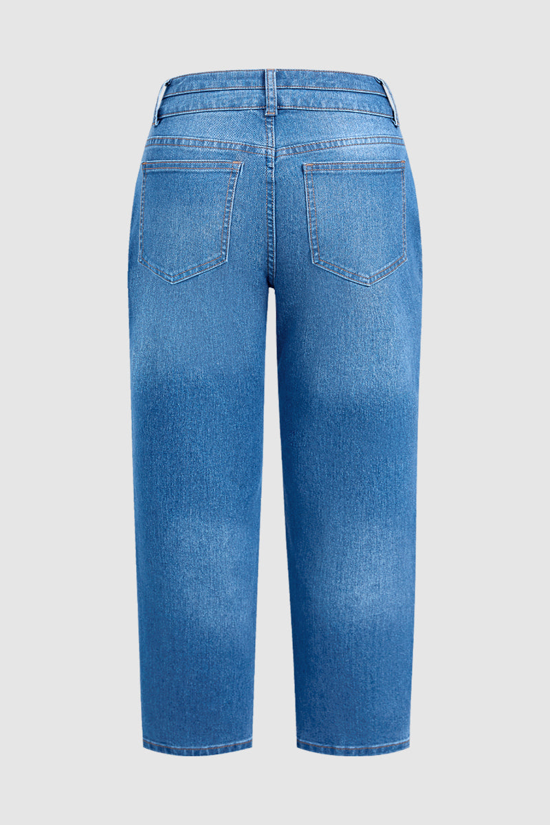 Wash Dual Button Mid Rise Straight Leg Crop Jeans