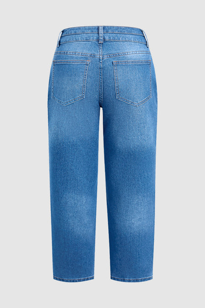 Wash Dual Button Mid Rise Straight Leg Crop Jeans