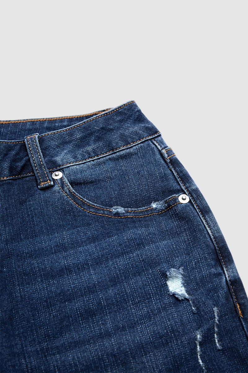 Wash Ripped Raw Hem Straight Leg Mid Rise Crop Jeans