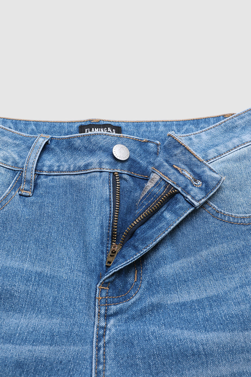 Wash Ripped Roll Hem Mid Waist Straight Leg Crop Jeans