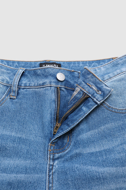 Wash Ripped Roll Hem Mid Waist Straight Leg Crop Jeans