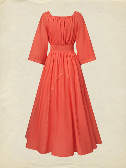 Robe longue en coton, demi-manches, col en V, unie, dentelle, vacances, vintage, orange clair