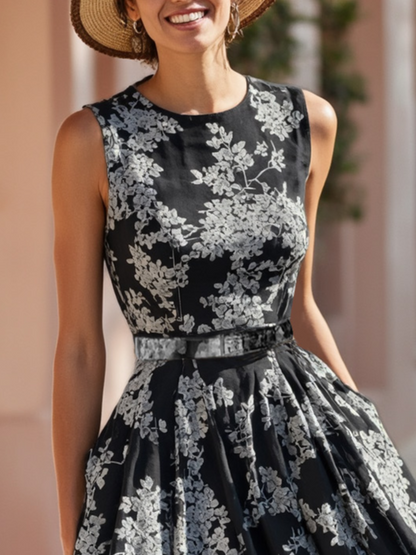 Robe longue en lin, sans manches, col rond, motif floral, ceinture, vacances, style vintage, bleue