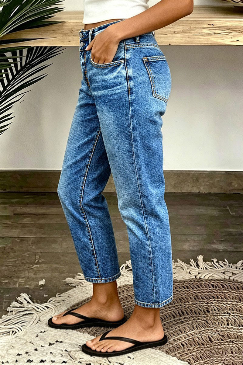 Wash Dual Button Mid Rise Straight Leg Crop Jeans