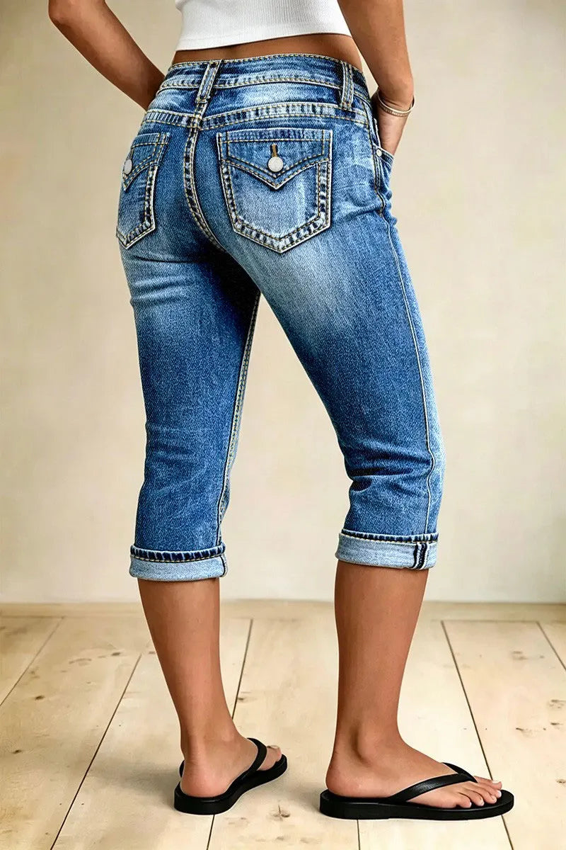 Wash Roll Hem Flap Pocket Mid Waist Straight Leg Capri Jeans