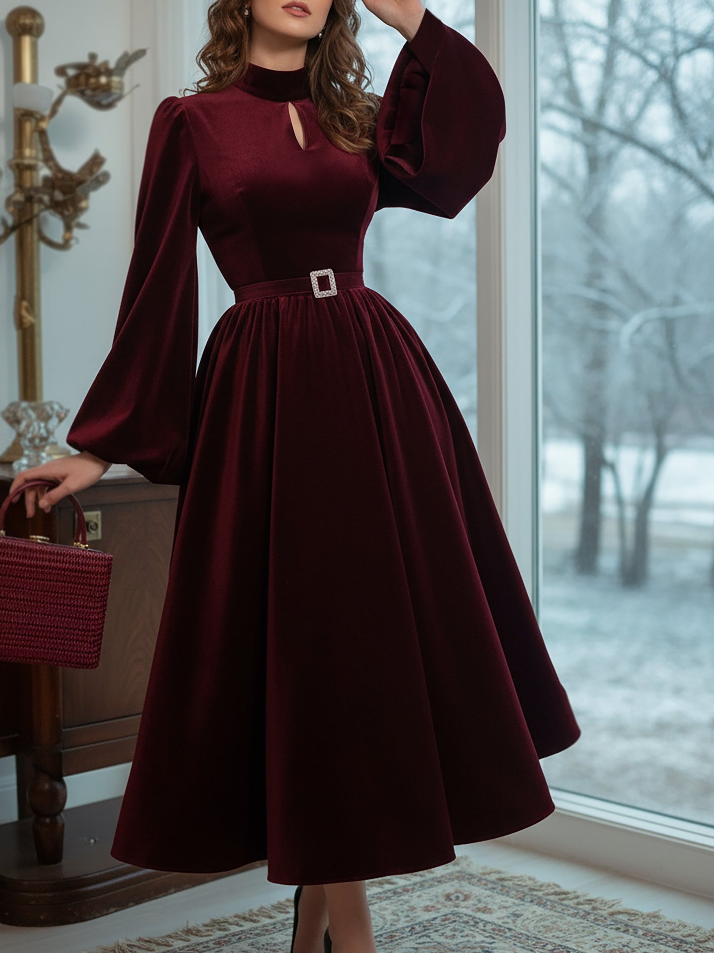 Robe mi-longue en coton, manches longues, col montant, unie, style vintage, rouge bordeaux