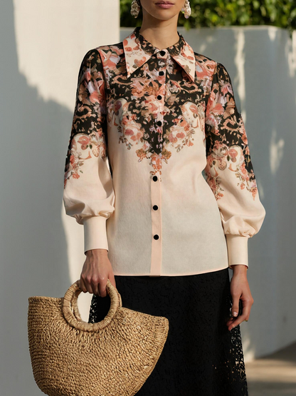Chemise en coton, Manches longues, Col châle, Florale, Boutons, Vacances, Vintage, Abricot