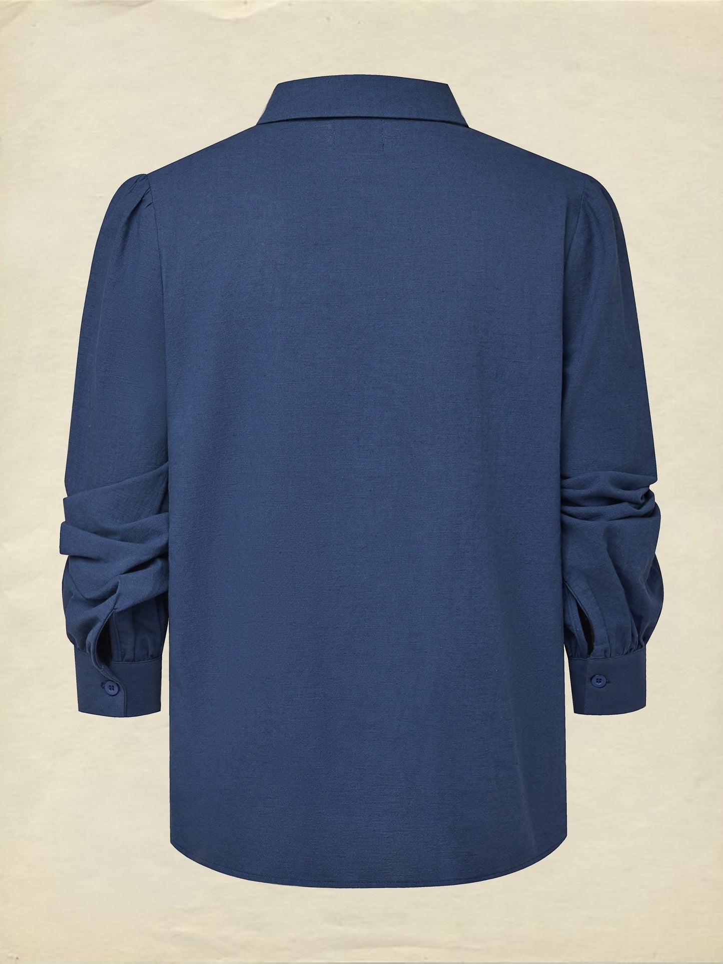 Chemise en lin, manches longues, col châle, unie, dentelle, vintage, bleue