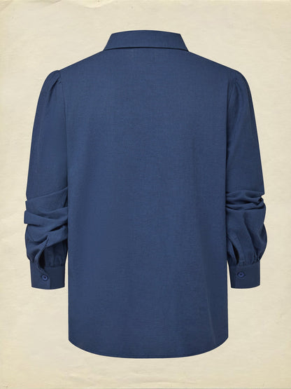 Chemise en lin, manches longues, col châle, unie, dentelle, vintage, bleue