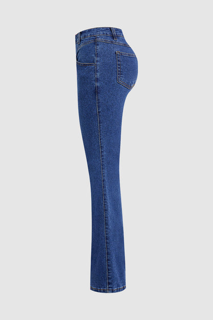 Wash Stitch Detail Button Up High Rise Bootcut Jeans